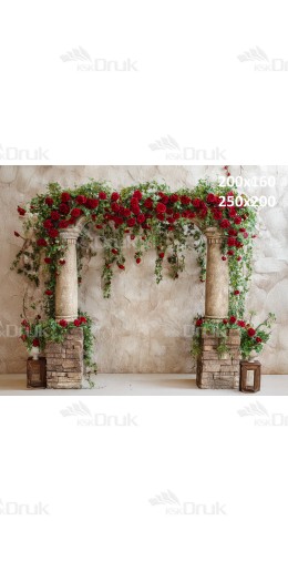 Tło fotograficzne „Kamienna pergola z czerwonymi różami” | E807